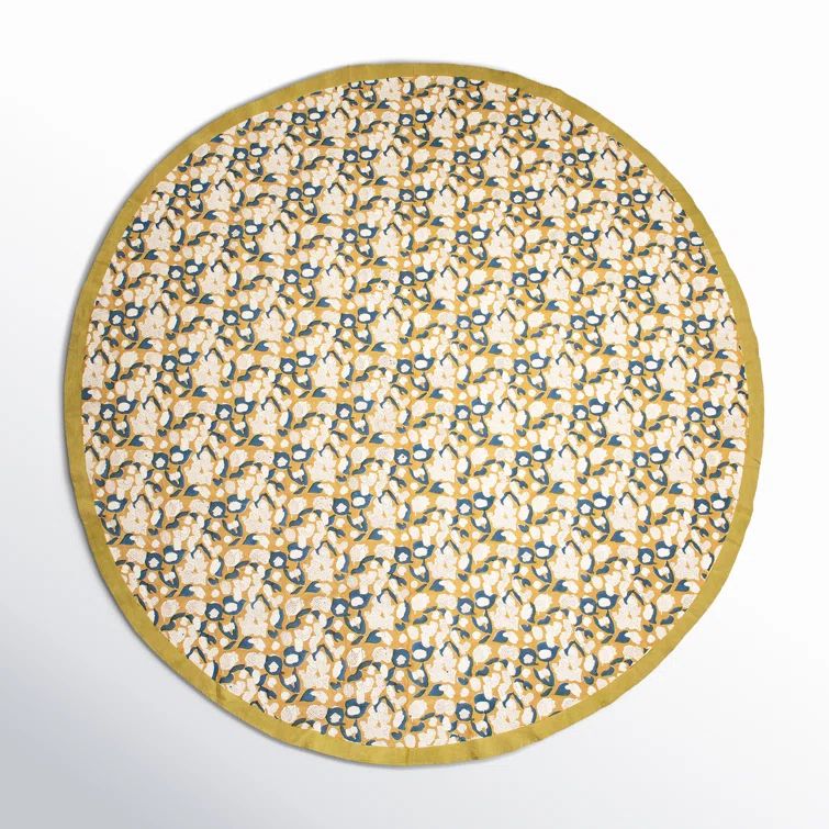 Bryssa 70" Mustard and Blue Round Fabric Tablecloth