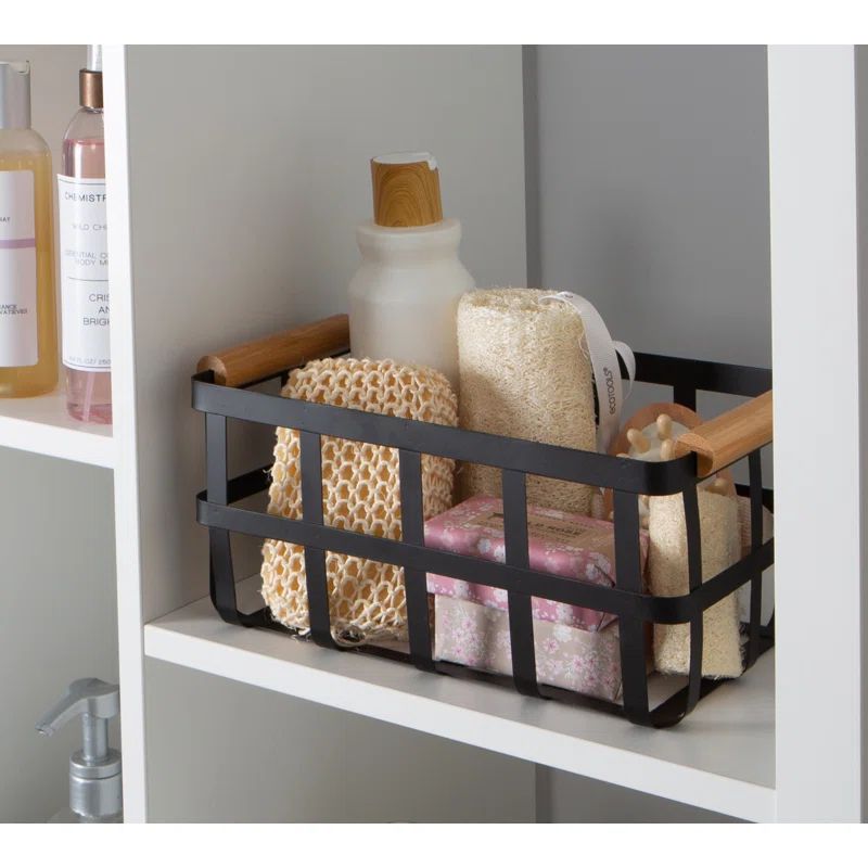 Black Rectangular Metal Storage Basket with Bamboo Handles