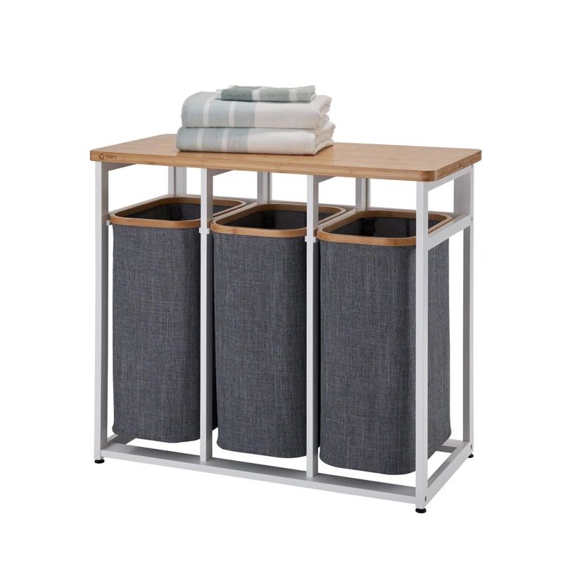 White Bamboo and Gray Polyester Collapsible Laundry Sorter