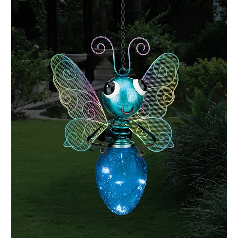 Pink Mesh-Winged Solar Butterfly Lantern with Crackle Glass