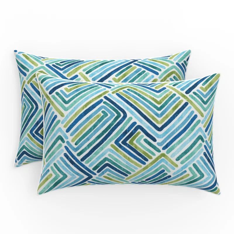 Estie Ocean Geometric Aqua and Navy Outdoor Lumbar Pillow Set