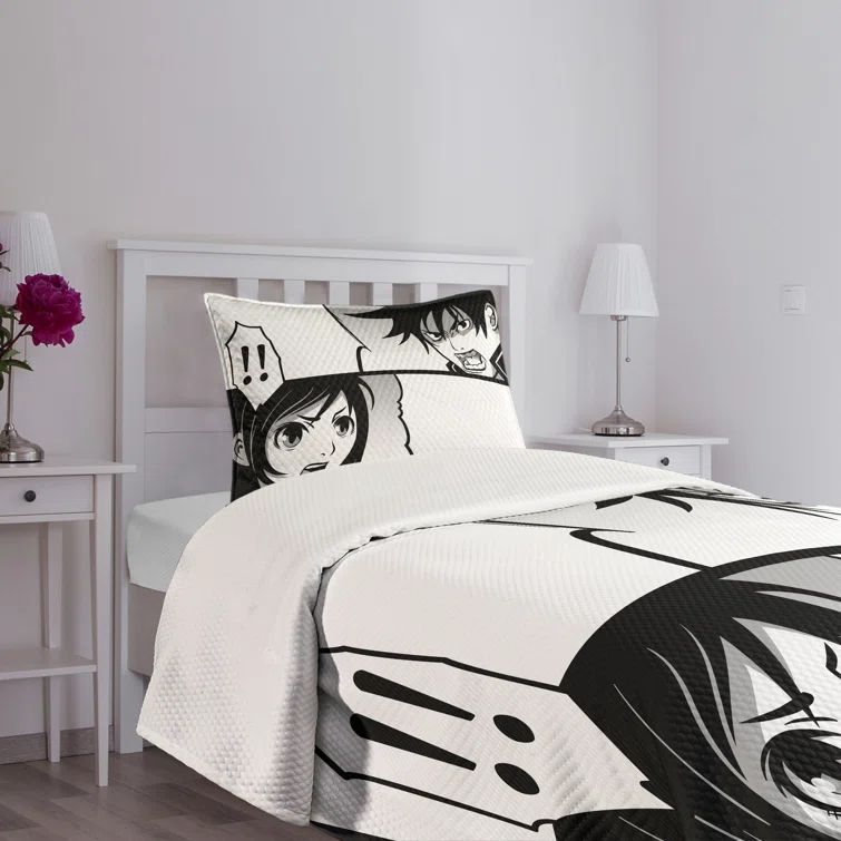 Twin White Quilted Anime Bedspread Set with Pillow Sham
