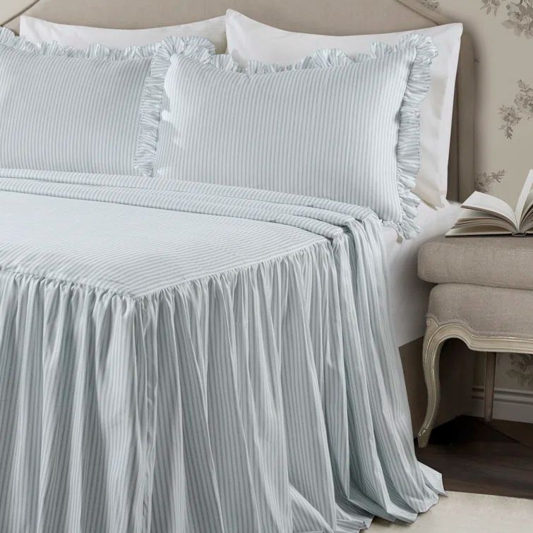 Lake Blue Queen Ticking Stripe Ruffle-Edged Bedspread Set