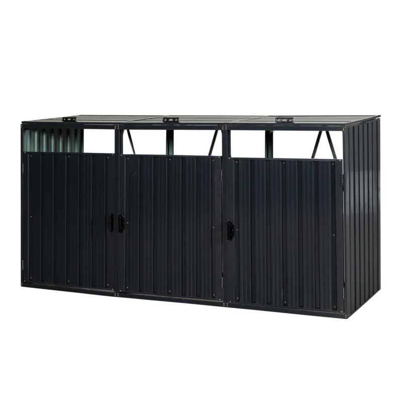 Charcoal Black Stainless Steel Outdoor Garbage Bin Shed for 3 Trash Cans