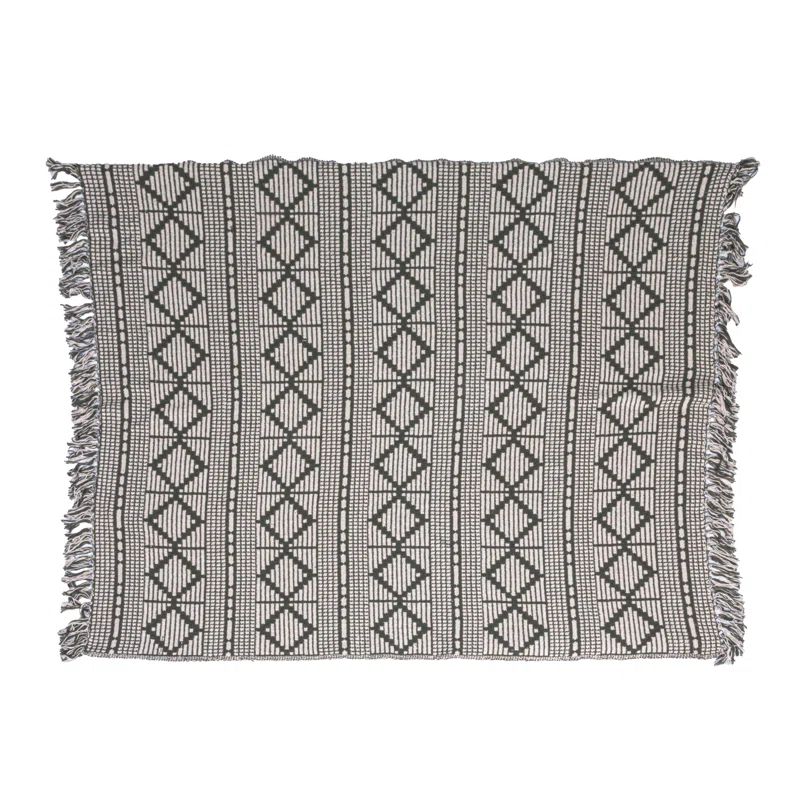 Green and Beige Cotton Blend Diamond Pattern Throw Blanket