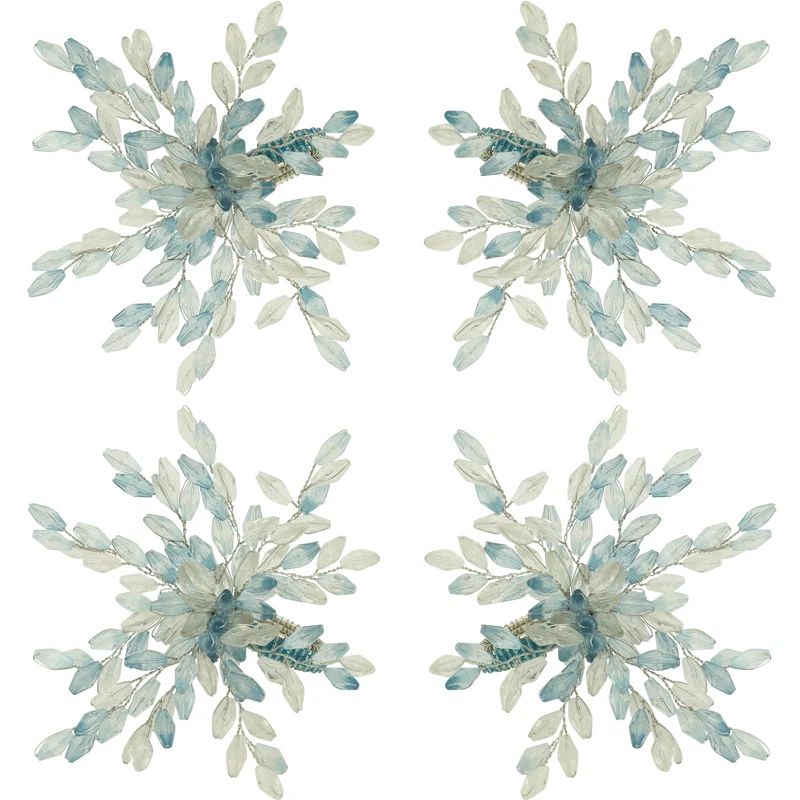 Blue and Clear Beaded Flower Napkin Rings Set of 4