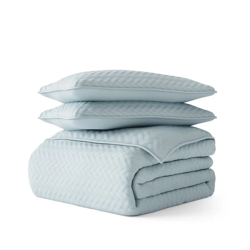 Pale Blue Quilted Microfiber Queen Coverlet Set