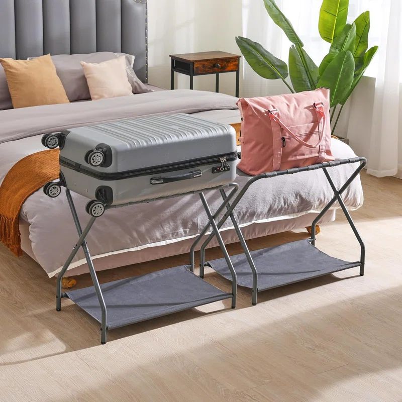 Gray Foldable Metal Luggage Rack with Storage Shelf, Set of 2