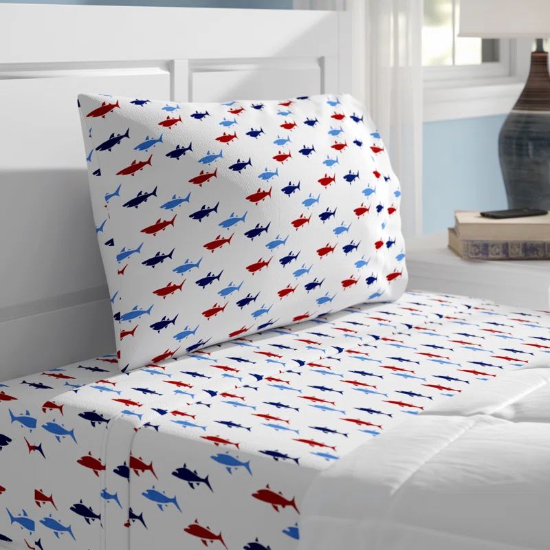King Size White Cotton Percale Sheet Set with Shark Pattern