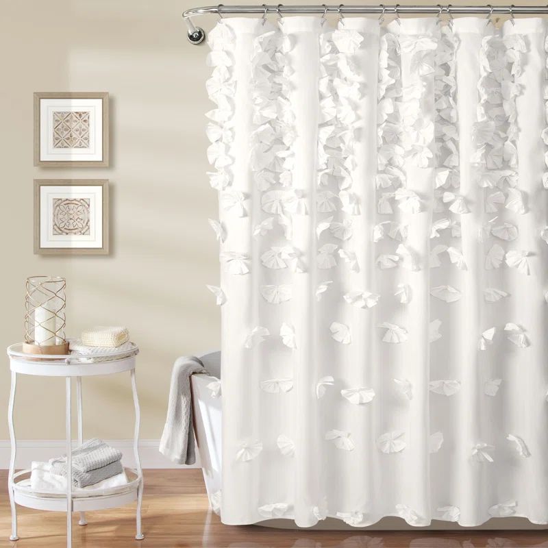White Textured Polyester Shower Curtain with Handmade Bows
