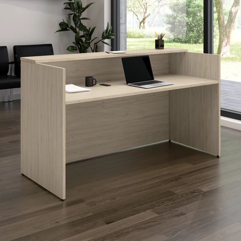 Natural Elm Adjustable Height Reception Desk with Shelf