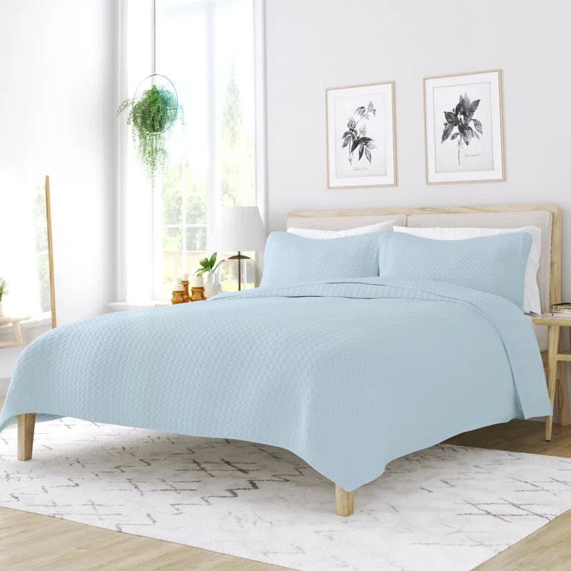 Pale Blue Quilted Microfiber Queen Coverlet Set
