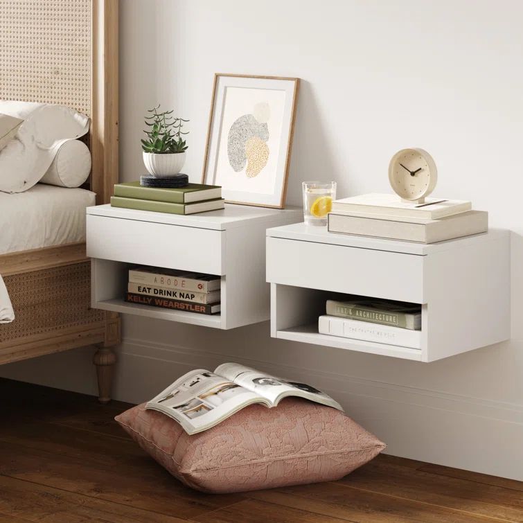 Jackson White Floating Nightstand with Drawer and Shelf, Set of 2