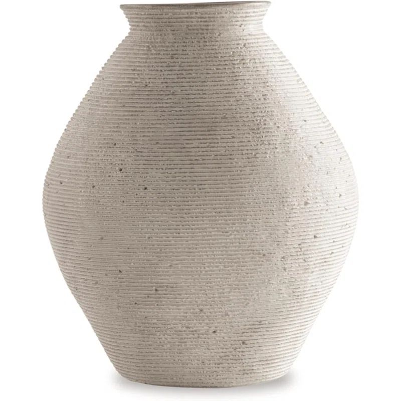 Beige Ribbed Polyresin 12" Contemporary Vase