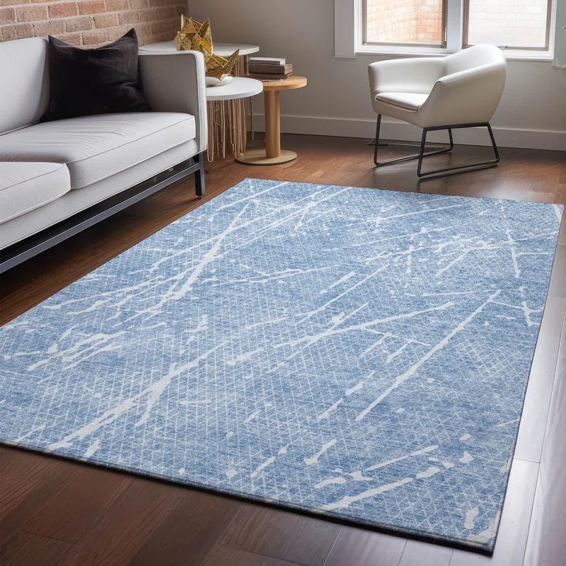 Premium Blue and White Rectangular Synthetic Washable Rug