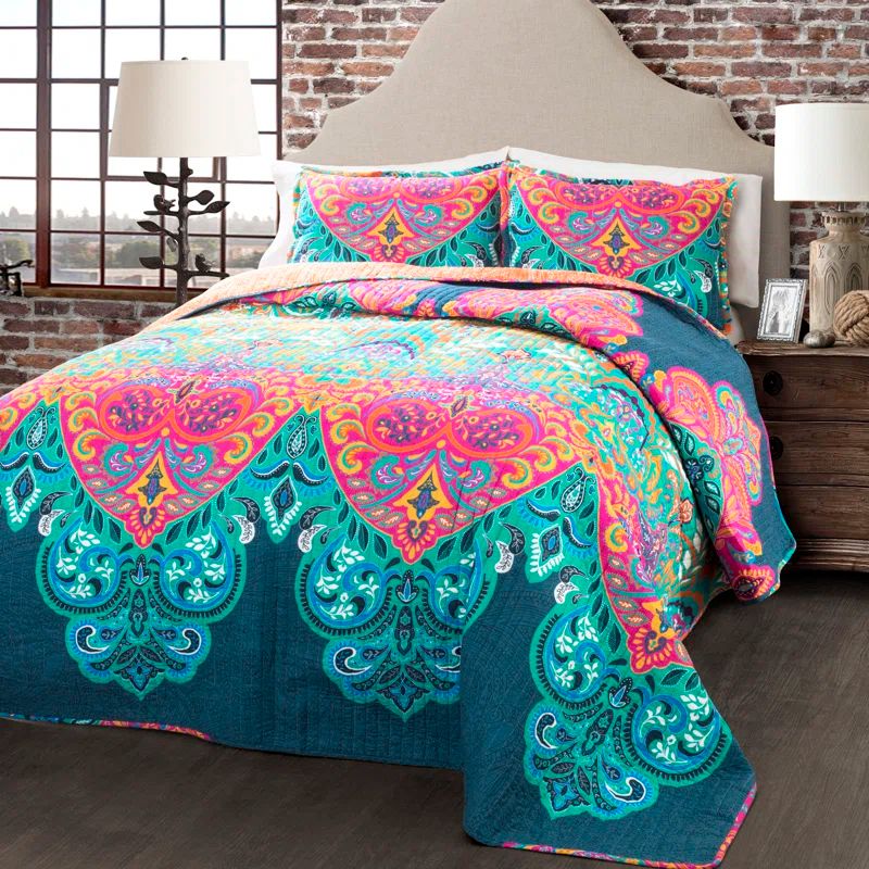 Turquoise and Navy Cotton Reversible Full Quilt Set