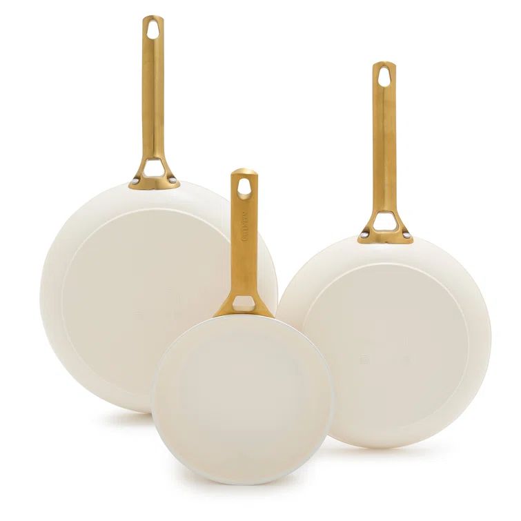 Cream Ceramic Nonstick Skillet Set with Gold Handles