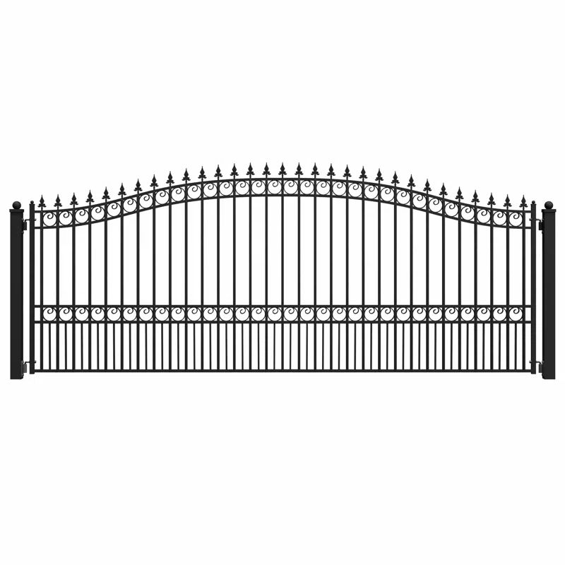 London Style Black Steel Arched Driveway Gate with Pointed Pickets