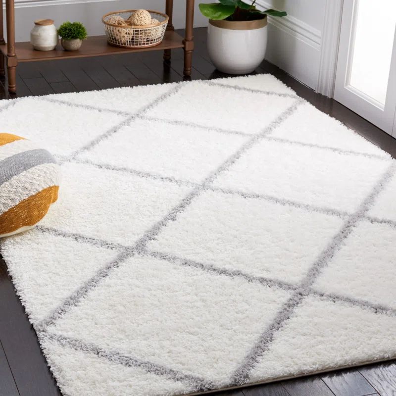 White and Gray Geometric Shag Runner Rug, 2' x 9'