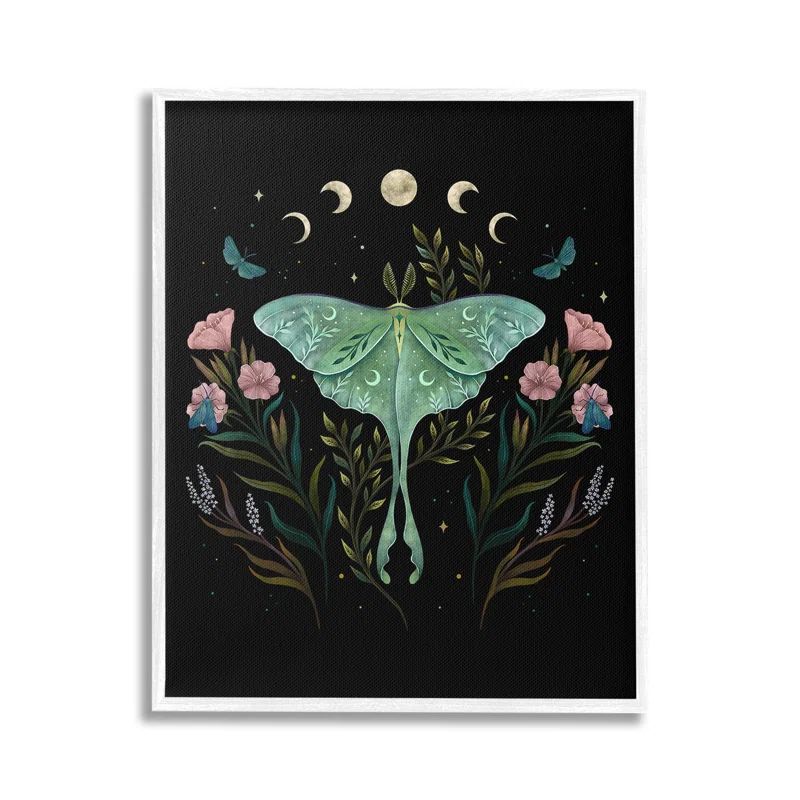 Luna Moth and Florals Print on Canvas with White Frame