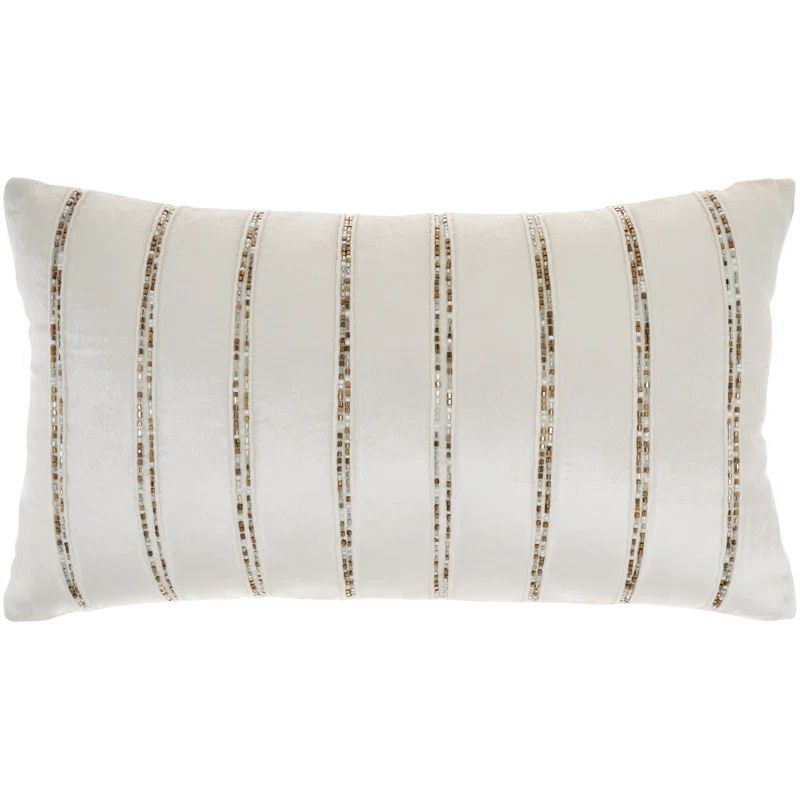 Ivory Beaded Striped Cotton Blend Lumbar Pillow