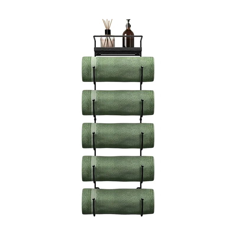 Black Wall Mounted 5-Tier Metal Towel Rack with Wood Shelf