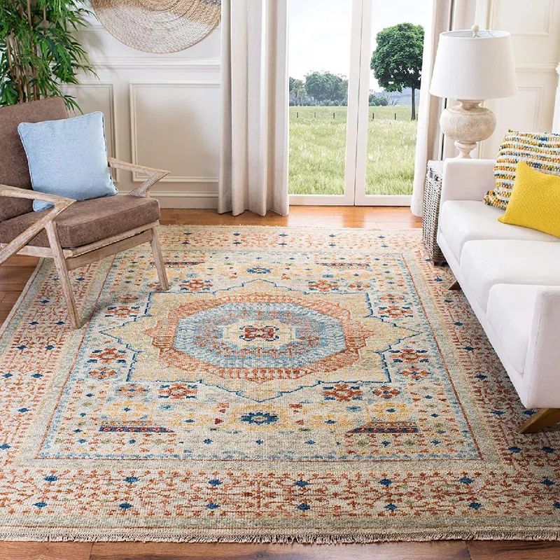 Ivory and Rust Hand-Knotted Wool 6' x 9' Area Rug