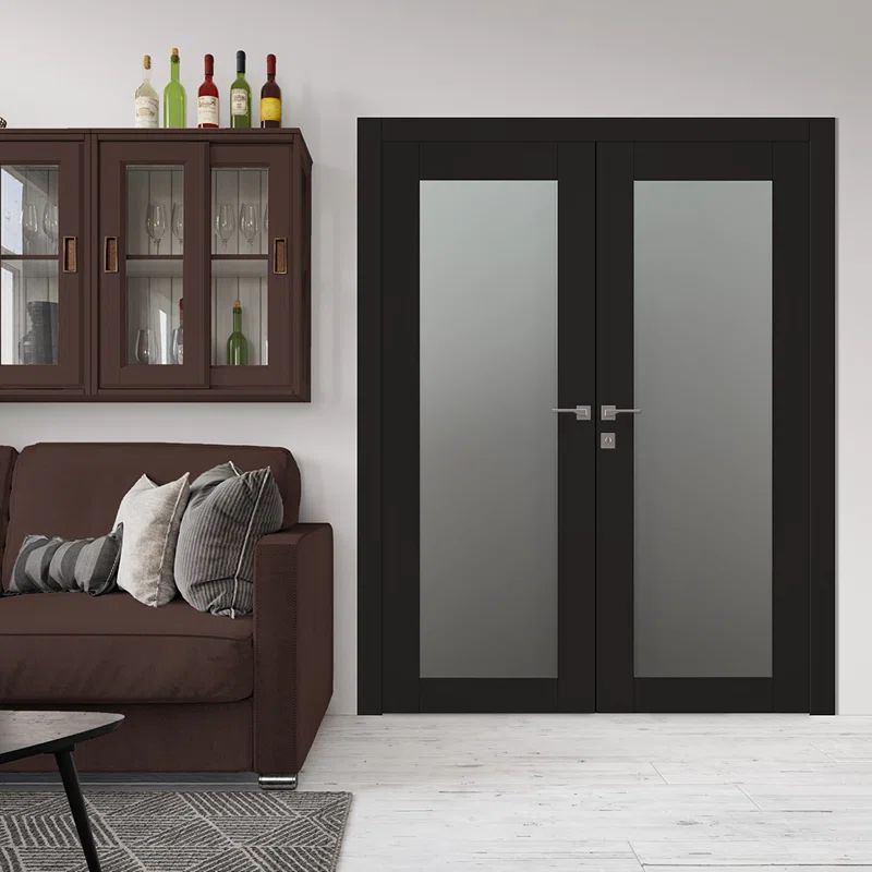Avon Black Matte Pine Composite Double French Door with Frosted Glass