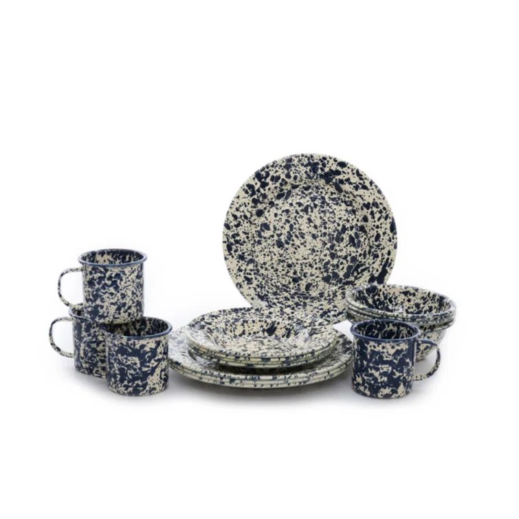 Navy and Cream Splatter Porcelain Outdoor Dinnerware Set, Service for 4