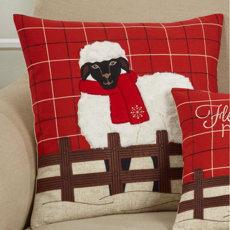 Red Plaid Christmas Sheep Polyester Pillow Cover 18"