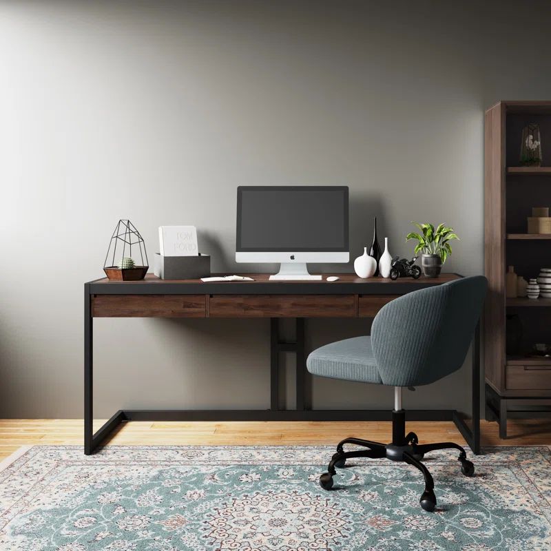 Erina Distressed Charcoal Brown Solid Acacia Large Desk with Drawers