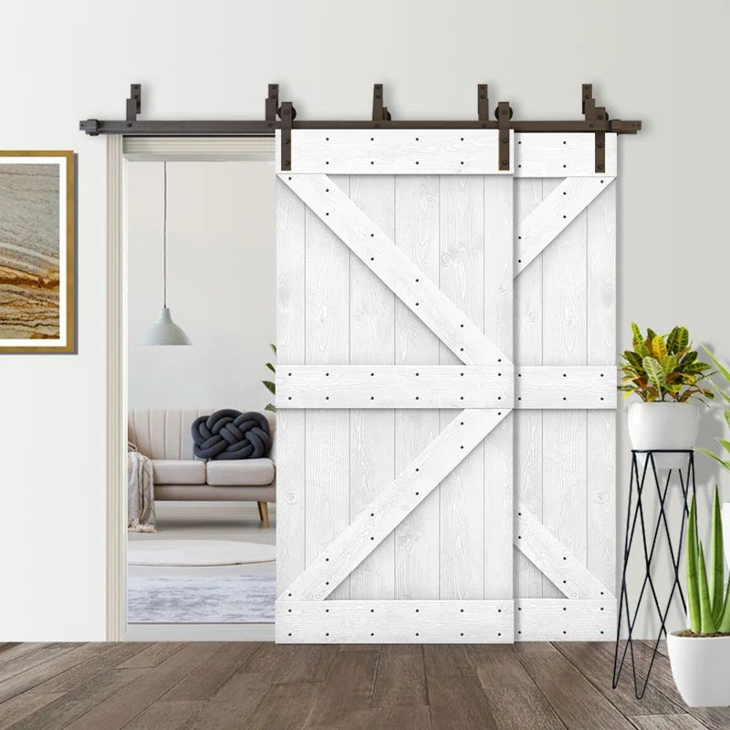 White Knotty Pine Double Bypass Barn Door with Oil-Rubbed Bronze Hardware