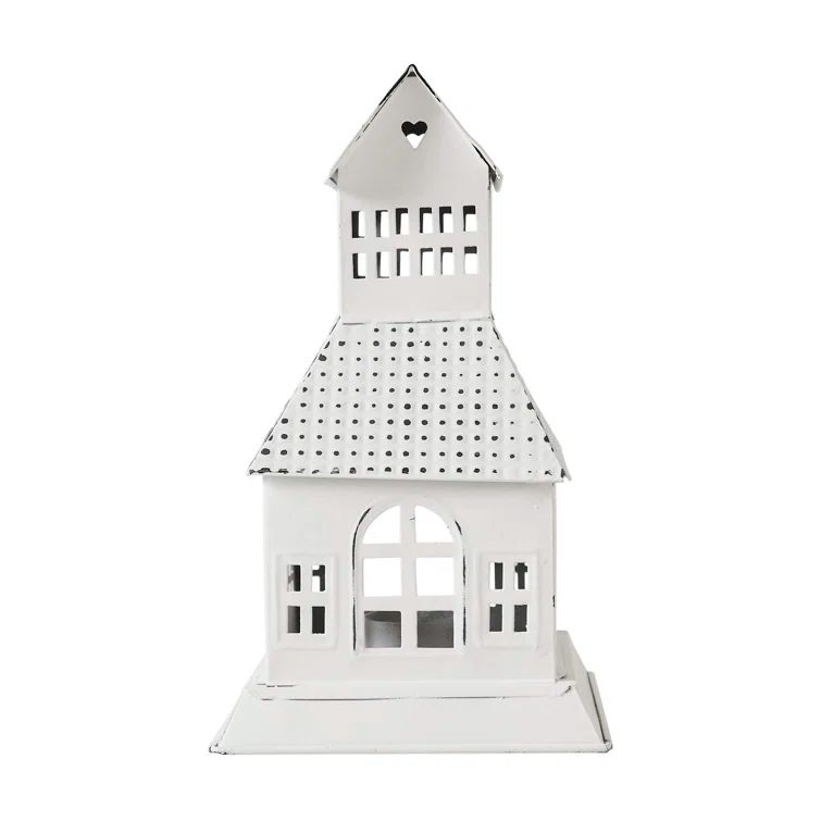 Antique White Metal Village House Tealight Holder 9.5x5.5