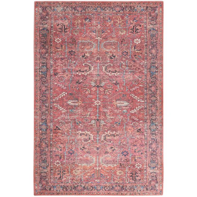 Brick Red Floral Flat Woven Cotton Chenille Rug 6' x 9'