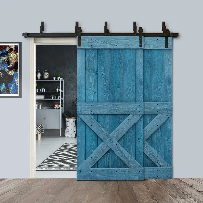 Ocean Blue Knotty Pine Double Bypass Barn Door with Black Hardware