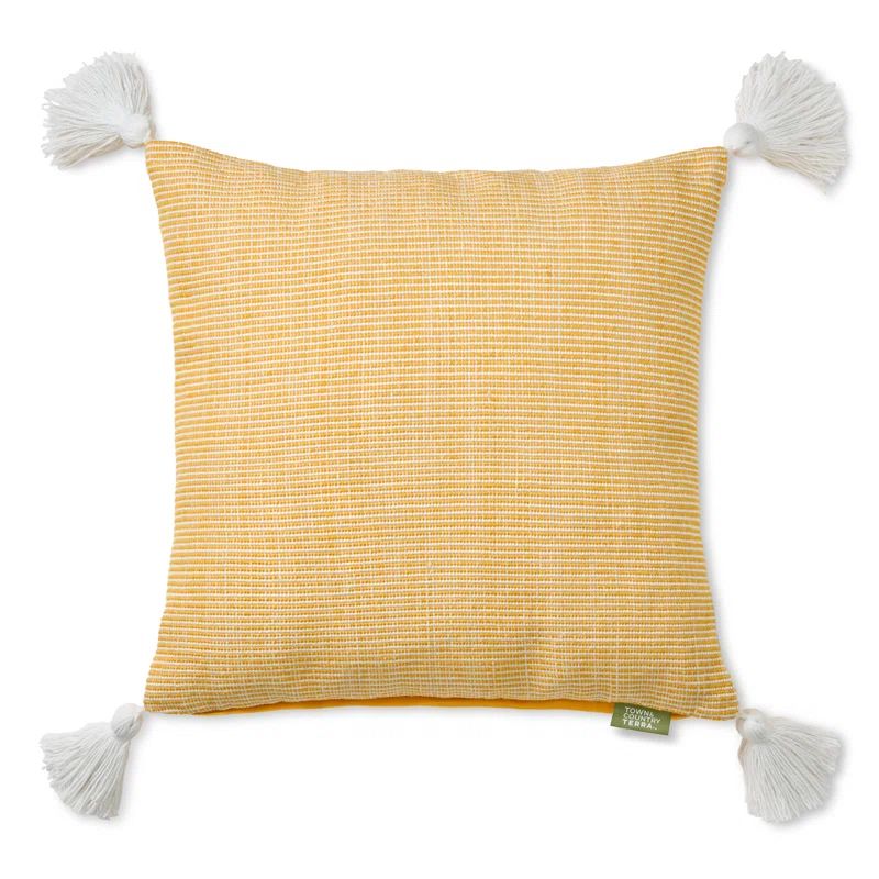 Yellow and Ivory Ribbed Texture Square Decorative Pillow with Tassels
