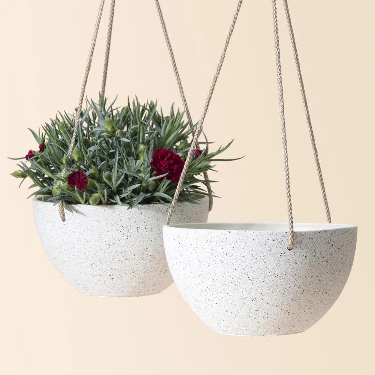 Speckled White 10'' Hanging Planters with Rope Hanger, Set of 2