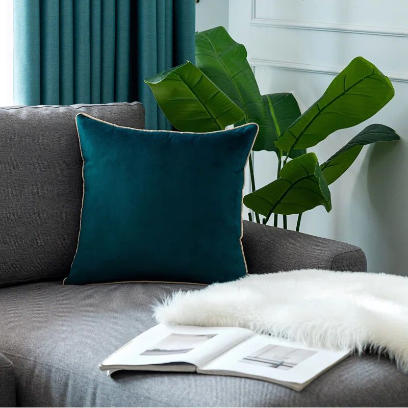 Teal Velvet Square Throw Pillow Set with Beige Trim