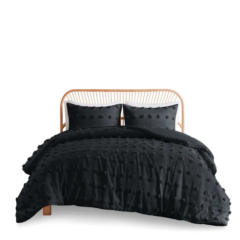 Black Twin/Twin XL Jacquard Duvet Cover Set with Pom-pom Details