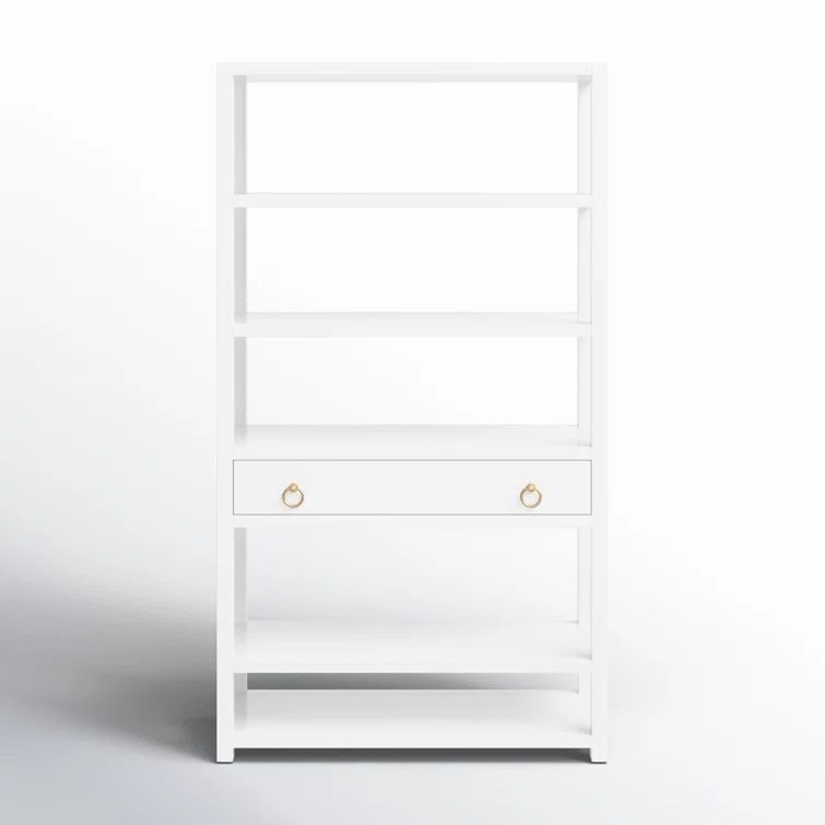 Elevated Elegance White Acacia Wood Etagere Bookcase with Gold Hardware