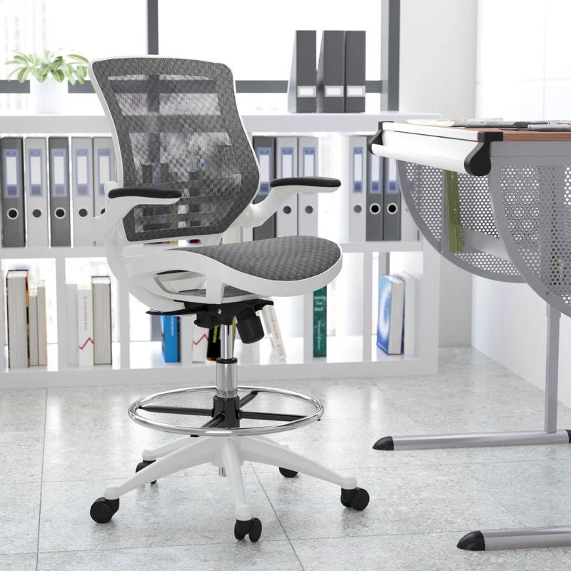 Gray Mesh Mid-Back Drafting Chair with White Nylon Frame