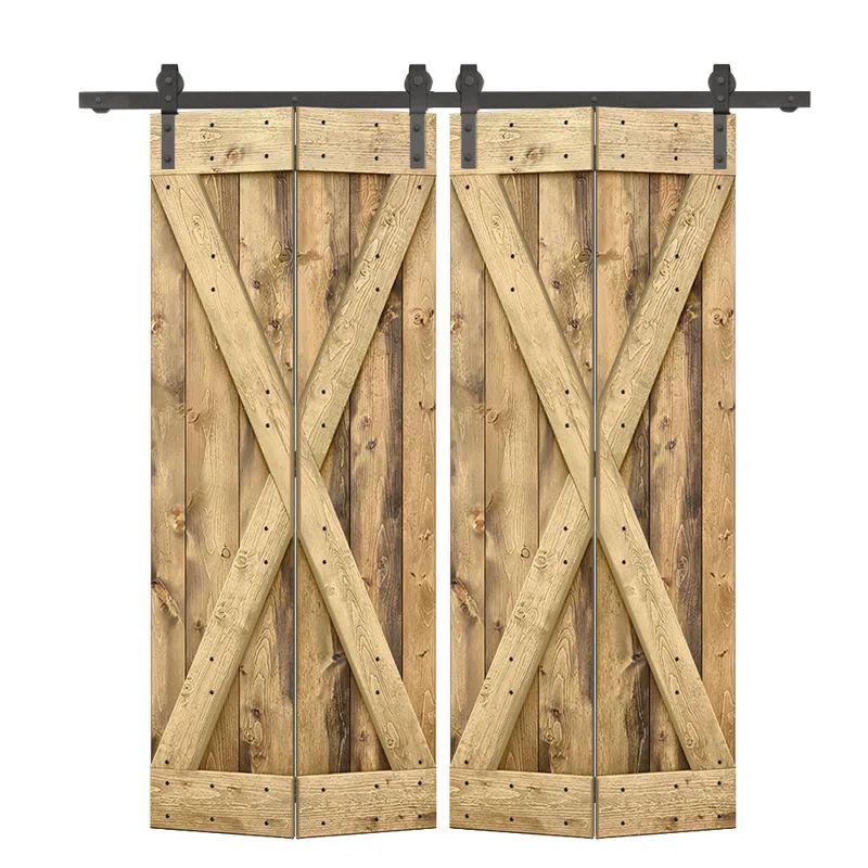Weather Oak Solid Core Pine Bi-Fold Barn Door with Sliding Hardware Kit