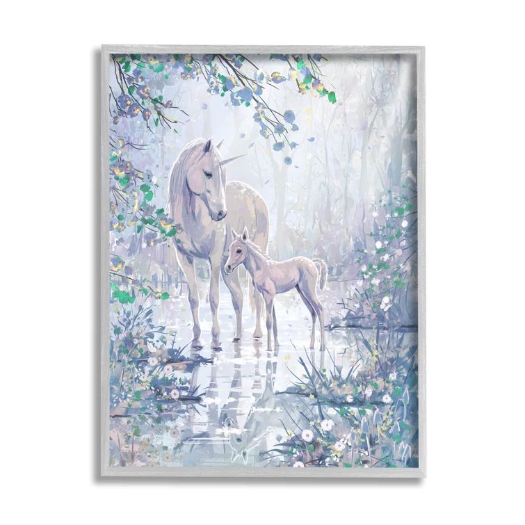 Gray Framed Unicorn and Foal Landscape Canvas Print for Nursery