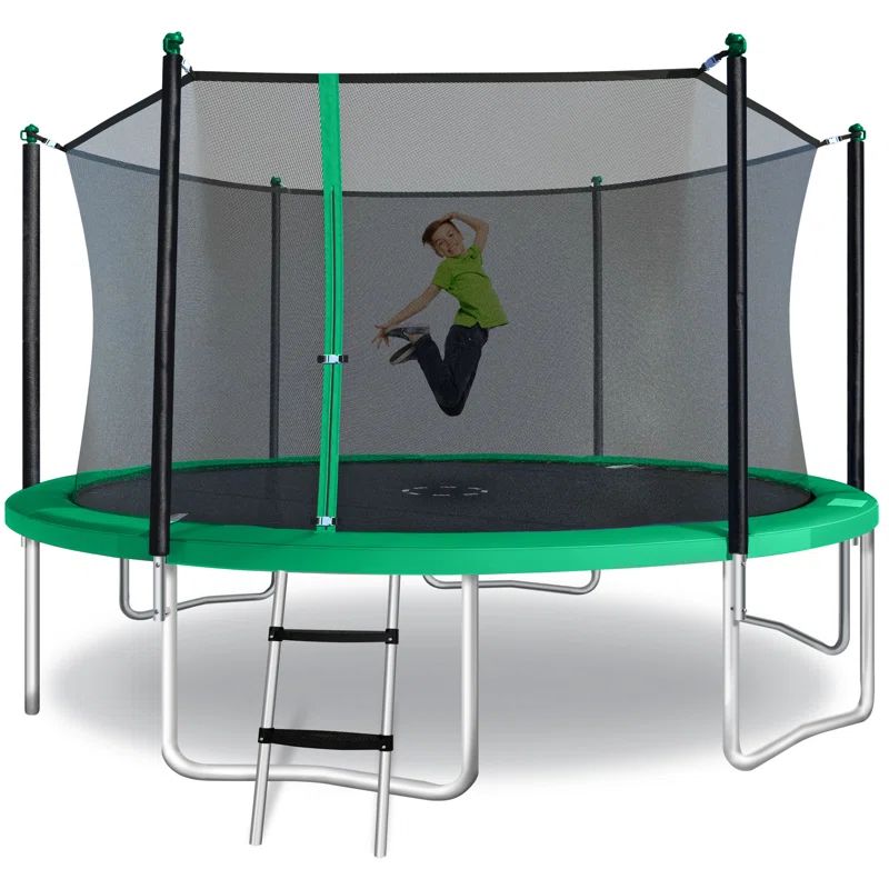 14-Foot Green Round Trampoline with Safety Enclosure