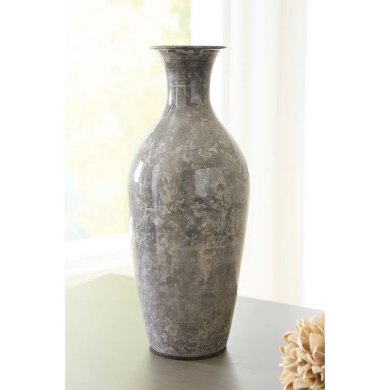 High-Gloss Gray Metal Traditional Vase, 12 Inch