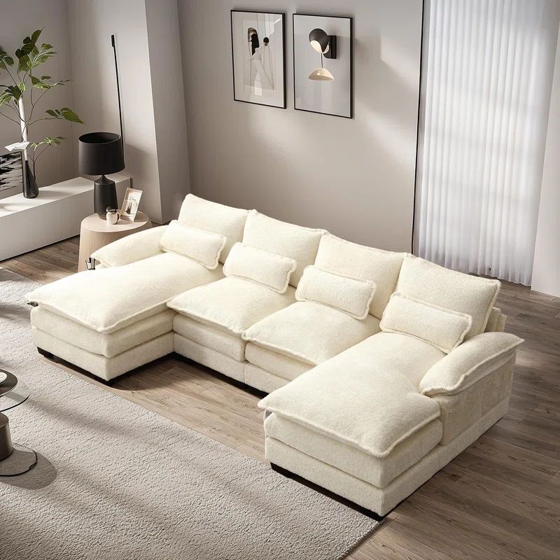 Beige Chenille U-Shaped Sectional Sofa with Solid Wood Frame
