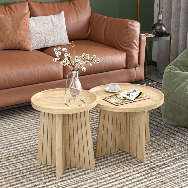 Walnut Round Fluted Nesting Coffee Table Set, 2 Piece