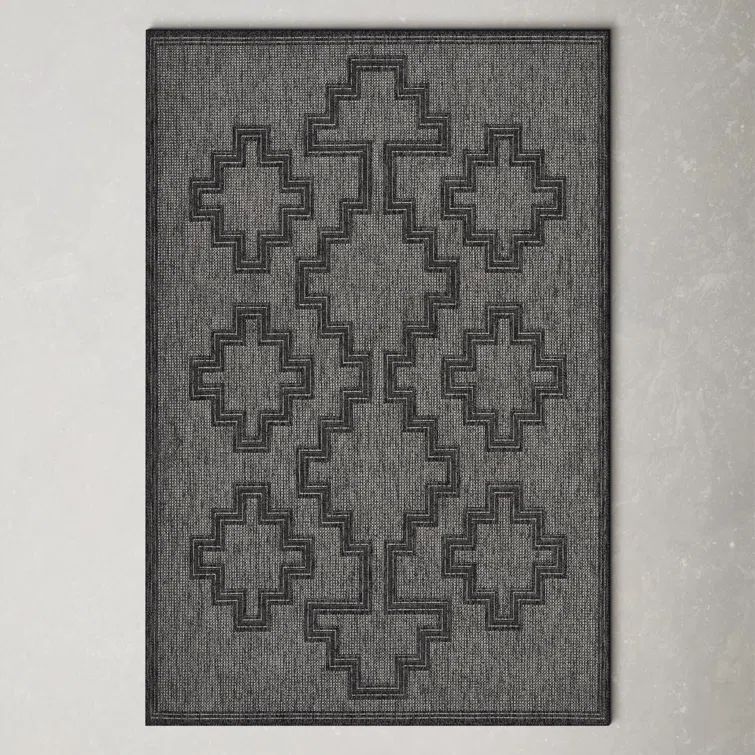 Ava Rectangular Blue and Black Synthetic Indoor/Outdoor Rug