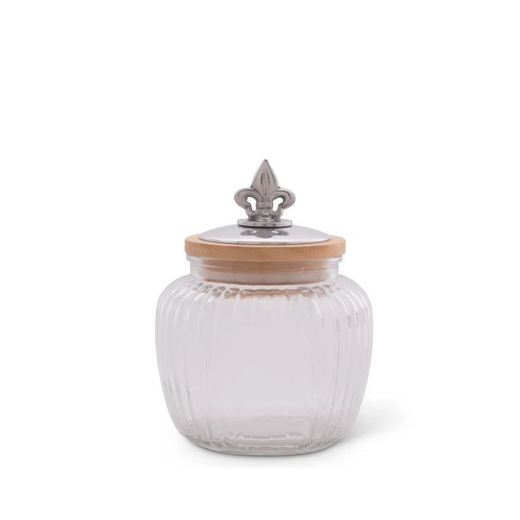 Medium Clear Glass Canister with Acacia Wood Lid and Fleur De Lis Finial