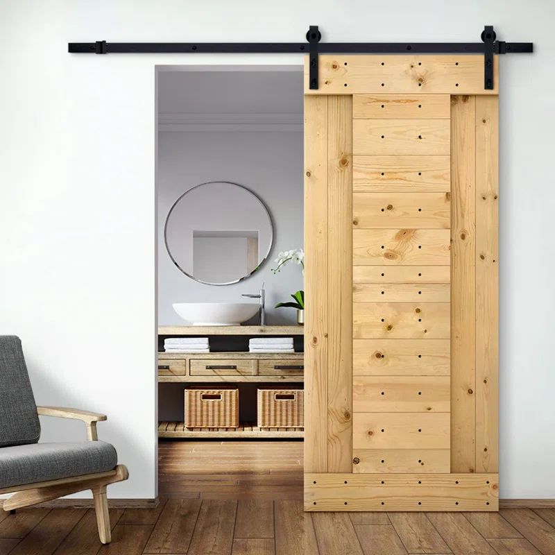 Unfinished Pine Wood 84" x 36" Sliding Barn Door with Black Hardware